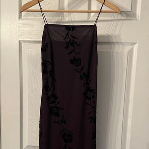 Y2k Deep Eggplant Purple with Black Velvet Floral Design Maxi Dress